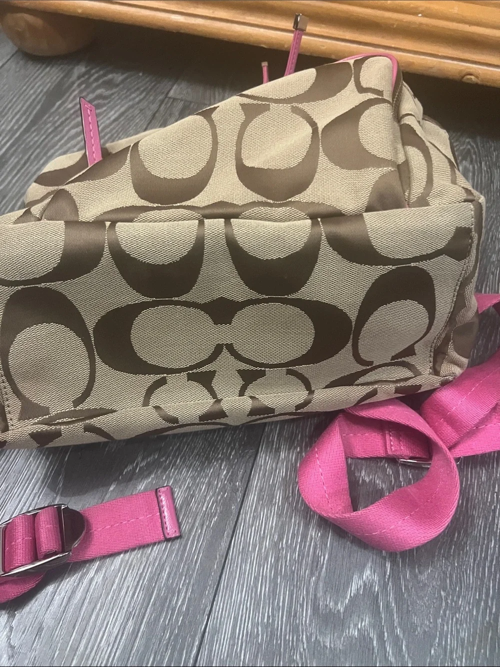 Coach Brown Signature Canvas Backpack with Pink Trim